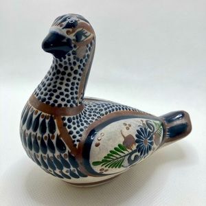 Tonala Bird Handmade in Mexico, Quail, Enamelled Paint Finish Dark Blue & Brown